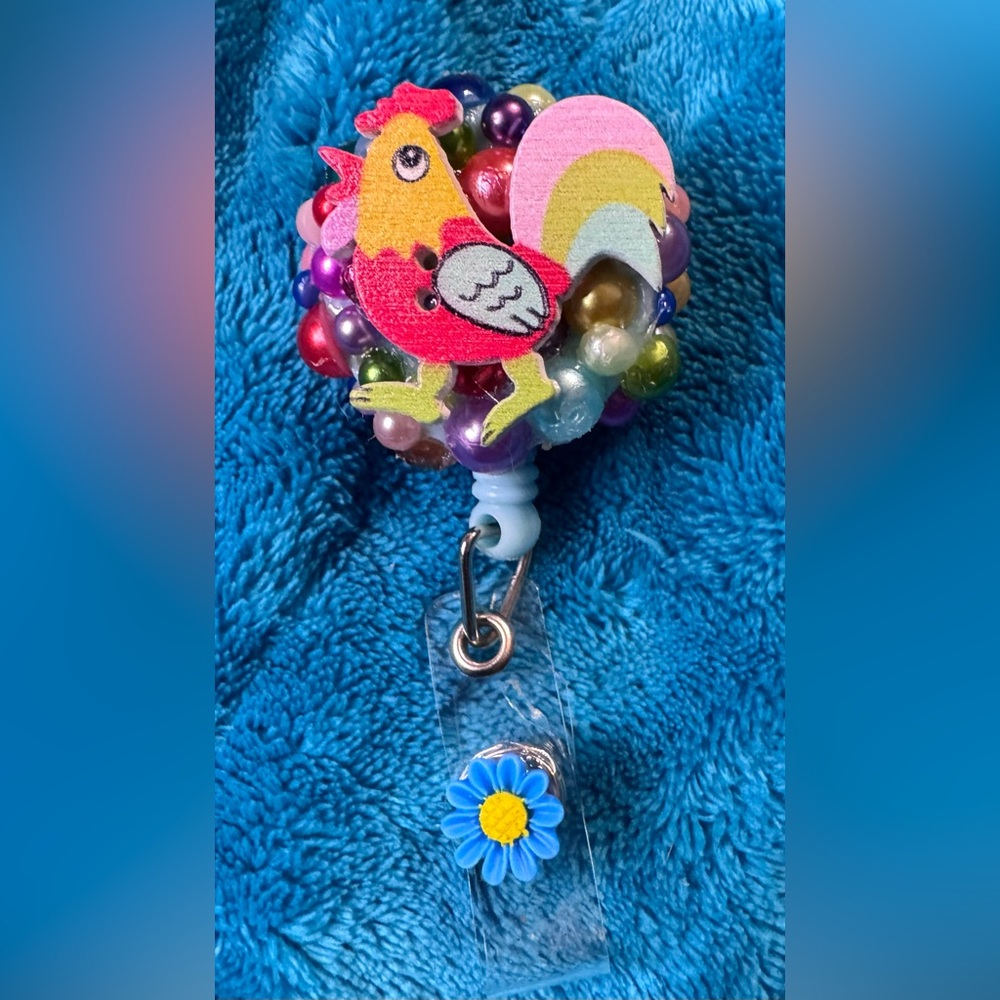 Colorful Beaded Badge Reel with Rooster